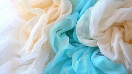Obraz premium Close-Up of Flowing Silk Fabric with Waves of Turquoise and Jade Blending Seamlessly with Creamy Off-White Tones Luxury