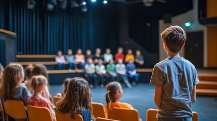 A drama class practicing on a stage.