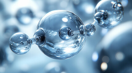 Close-up of blue, white, gold, and silver exosome particles inside transparent spheres, symbolizing biotechnology, scientific visualization in cosmetology and trichology, with blurred light tones high