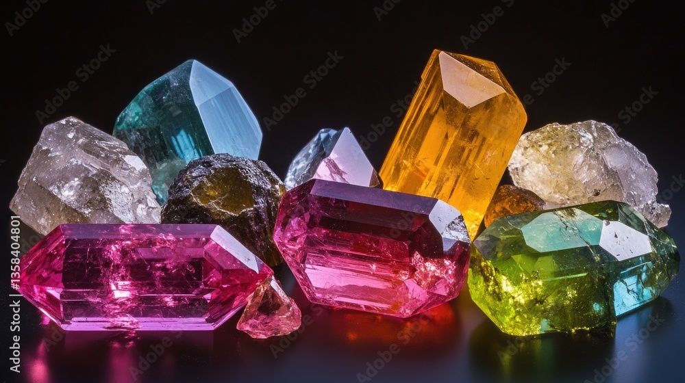 Poster a colorful array of tourmaline gemstones in various shapes and cuts, glowing under professional ligh