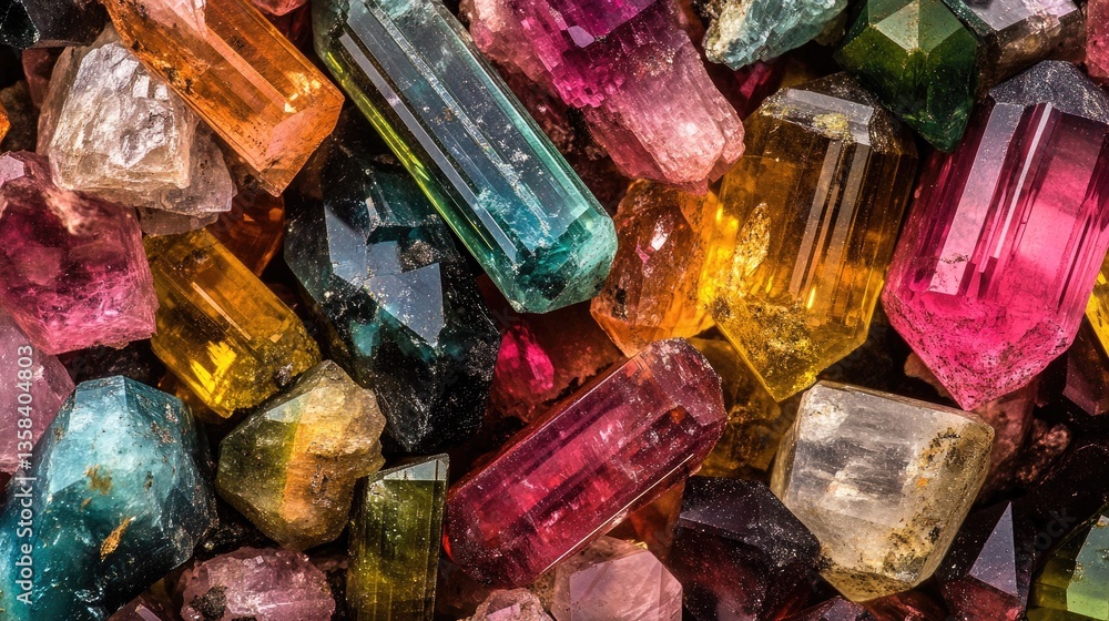 Poster a colorful array of tourmaline gemstones in various shapes and cuts, glowing under professional ligh