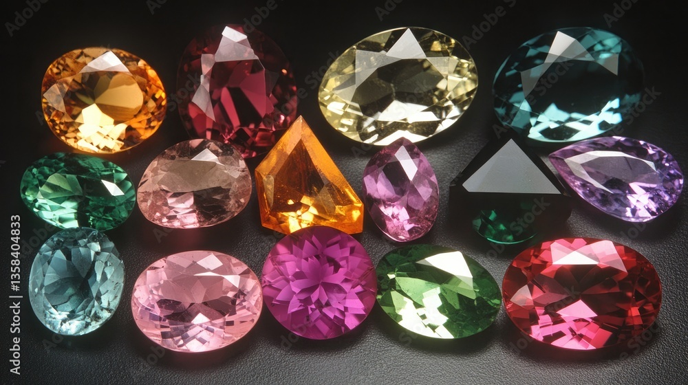 Poster a colorful array of tourmaline gemstones in various shapes and cuts, glowing under professional ligh