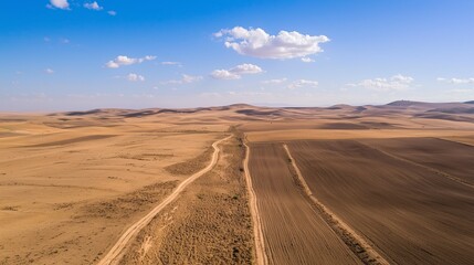Naklejka premium Wide View of Barren Desert Encroaching on Farmland Landscape