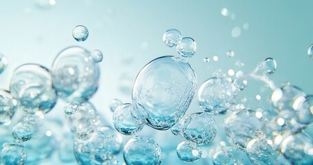 Abstract bubbles floating in clear blue liquid.