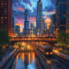 Obraz premium Twilight Cityscape: Urban Exploration Unveiled in Flickering Lights and Seamless Journeys