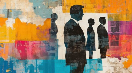 Modern artistic collage showcasing world leaders silhouettes against a vibrant political backdrop of abstract patterns and colors Generative AI