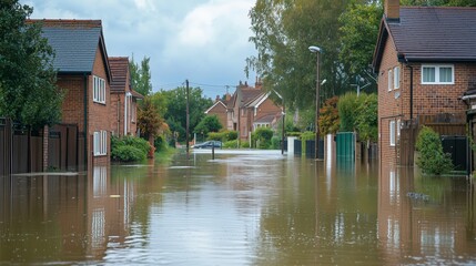 Obraz premium Flooded Residential Street in a Suburban Area After Heavy Rainfall