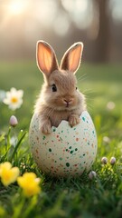 Little Easter bunny sitting inside the Easter egg