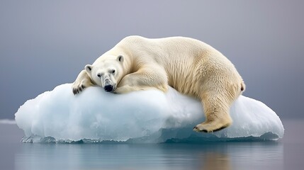 Obraz premium Stranded Polar Bear Resting on Melting Ice in Arctic Environment