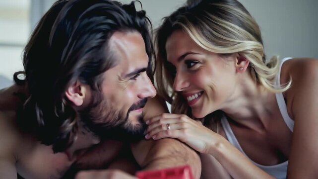 Woman and man lying in bed and holding red condom wrapper. Happy young adult Caucasian romantic couple smiling and looking at each other with contraceptive in hand. Lovers ready for safe sex and love.
