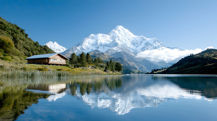 A serene mountain landscape features a cabin nestled by a lake. The snow-capped peaks mirror in the water offering a tranquil escape. Perfect for desktop wallpapers or travel inspiration.