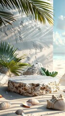 a stone with shells and coconut tree leaves on the beach near the water