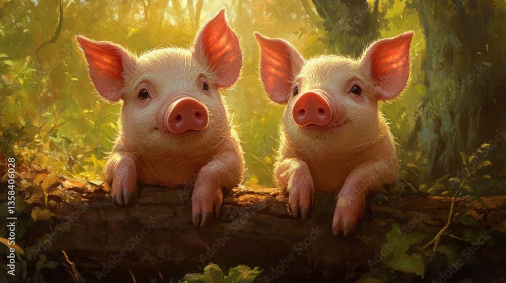 Poster two adorable piglets resting on a log in a sunlit forest
