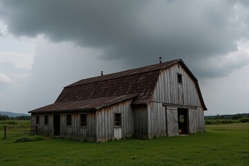 Obraz premium Weathered Wooden Barn Under Brooding Gray Skies in a Rural Landscape, Surrounded by Lush Green Fields and Dramatic Cloud Cover
