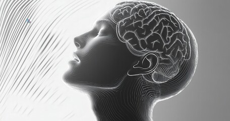 Abstract digital art of a human profile with a visible brain structure.