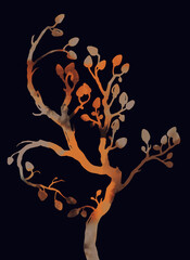 abstract minimalistic watercolor silhouettes of tree branches with buds, hand-painted in natural earthy colors, artistic graphic illustration