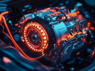Electric vehicle motor closeup automotive workshop high-definition photography industrial environment detailed view modern technology