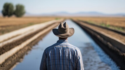 Farmer Staring at Empty Irrigation Canal Under Clear Blue Sky