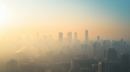 Fototapeta premium City Skyline Shrouded in Smog Under a Golden Hazy Atmosphere