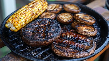 Grilled corn and mushrooms presented in a well used pan