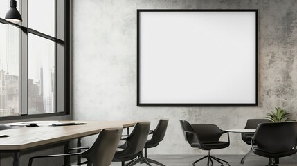 Simple business office featuring a framed blank poster on the wall ready for customization