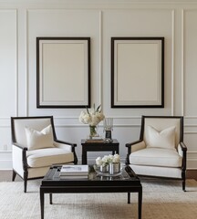 Elegant living room with two armchairs, coffee table, and empty frames.