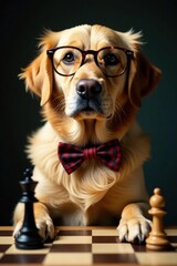 Golden Retriever in bow tie and glasses, chessboard , stylish, funny