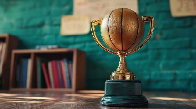Golden basketball trophy rests on a wooden surface indoors