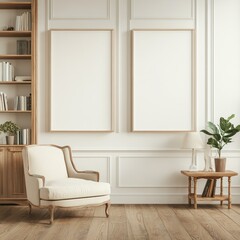 Elegant living room with two blank frames, armchair, and wooden bookcase.