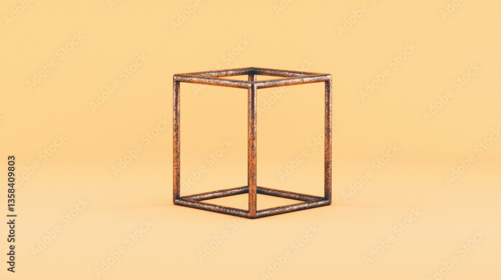 Poster a simple, open-frame cube structure against a soft yellow background, emphasizing minimalism and geo