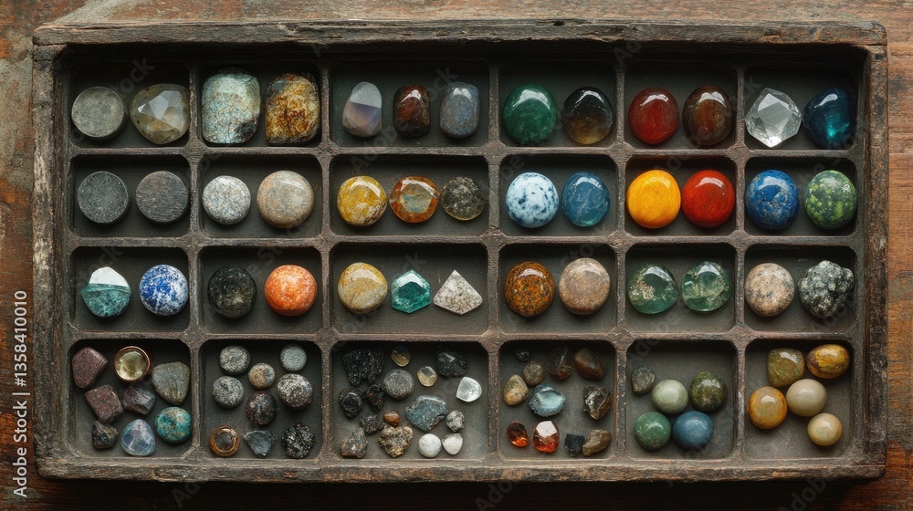 Poster a high-resolution image of a gemstone sorting tray with carefully arranged precious stones.