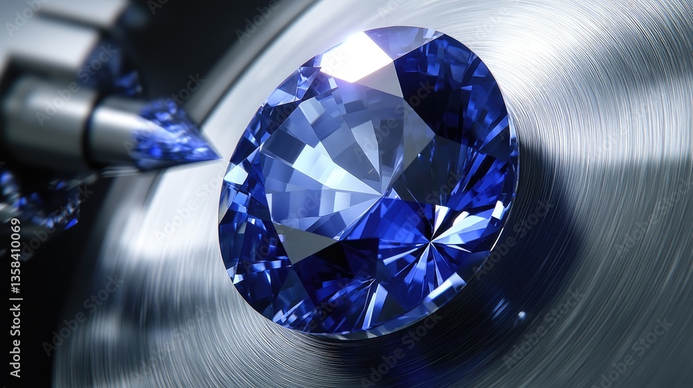 Poster a high-resolution image of a sapphire being cut on a rotating faceting wheel, showing fine details o