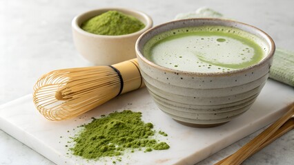 A serene and inviting image showcasing a bowl of matcha tea, along with matcha powder