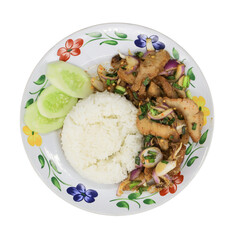 Delicious stir-fried chicken with rice restaurant food indoor close-up culinary delight