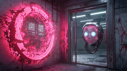 A futuristic scene showcases neon energy and a robotic face within a doorway. It implies advanced technology with a mysterious and slightly unsettling atmosphere suitable for gaming or science fiction