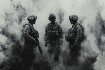 Fototapeta premium Three soldiers stand amid smoke in a monochrome setting