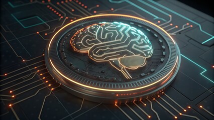 A stylized image depicting artificial intelligence, showing a brain icon glowing with circuit-like patterns