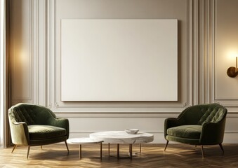 Elegant living room with two green velvet armchairs, a marble coffee table, and a large blank canvas.
