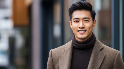 Obraz premium Smiling Asian Man in Brown Coat and Turtleneck