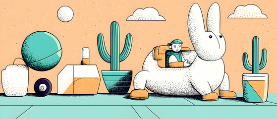 Whimsical illustration features a person riding a giant rabbit through a surreal landscape with plants and floating objects. Ideal for children's books and posters.