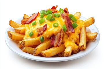 Golden fries covered in creamy cheese with crispy bacon pieces and fresh green onions creating a mouthwate dish delight