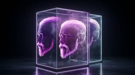 Futuristic art showcasing illuminated digital human heads encased in glass boxes. This could inspire a tech-themed art installation or concept design.