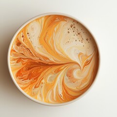Golden Mustard Sauce Swirls in a Pristine White Bowl Creating a Mesmerizing Pattern of Creamy Ochre Hues and Air Bubbles