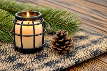 Vintage lantern illuminating candlelight among pine boughs and a pine cone on rustic burlap draped over wooden background