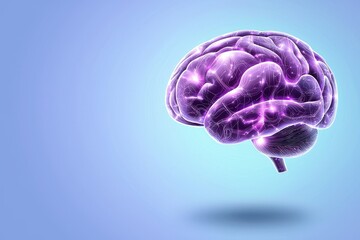 Luminous purple brain with glowing circuits floats on pale blue background embodying the intricate concept of a mind