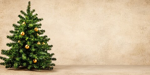 A Radiant Golden Christmas Tree Adorned with Shimme Ornaments Stands Against a Muted Beige Background in Elegance