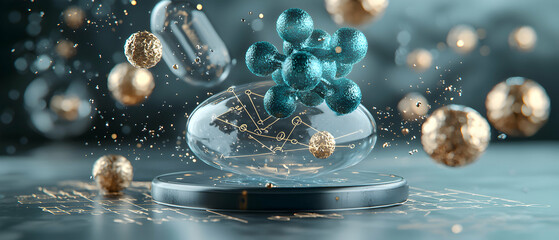 Abstract molecular structure floating in a futuristic scene. Suitable for scientific presentations technological designs and conceptual art applications.