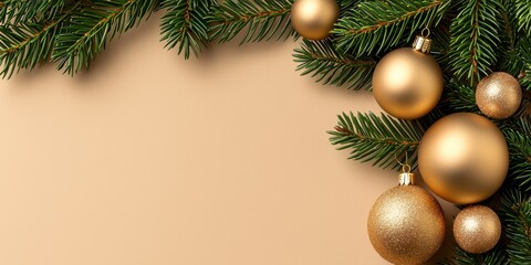 Radiant golden Christmas tree with shimme gold ornaments and warm beige background creating festive holiday spirit and joy