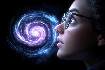 Focused woman in glasses captivated by a mesmerizing swirling vortex of purple and blue energy in a dimly lit room environment