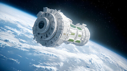 A futuristic space station orbits Earth. The structure features integrated gardens suggesting sustainable food production. It's a vision of space colonization. 
